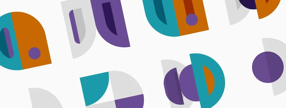 Abstract geometric shapes overlap, creating colorful pattern. Circles, arcs, Illustrazione stock