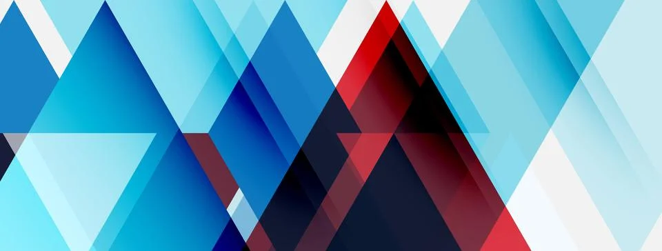 Abstract geometric shapes overlap, creating dynamic blue, red, white pattern. Stock Illustration