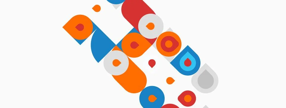 Abstract geometric shapes overlap, creating colorful design. Circles, squares Stock Illustration