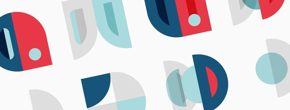 Abstract geometric shapes overlap, creating colorful pattern. Red, blue, gray Stock Illustration