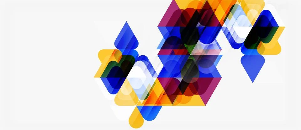 Abstract geometric shapes overlap, creating vibrant colorful design. Blue, Stock Illustration