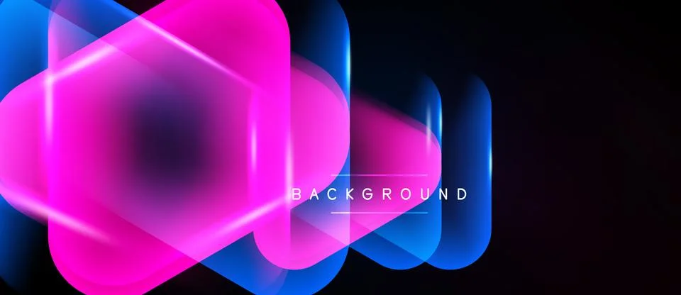 Abstract geometric shapes overlap, creating vibrant neon glow effect. Dark 库存插图