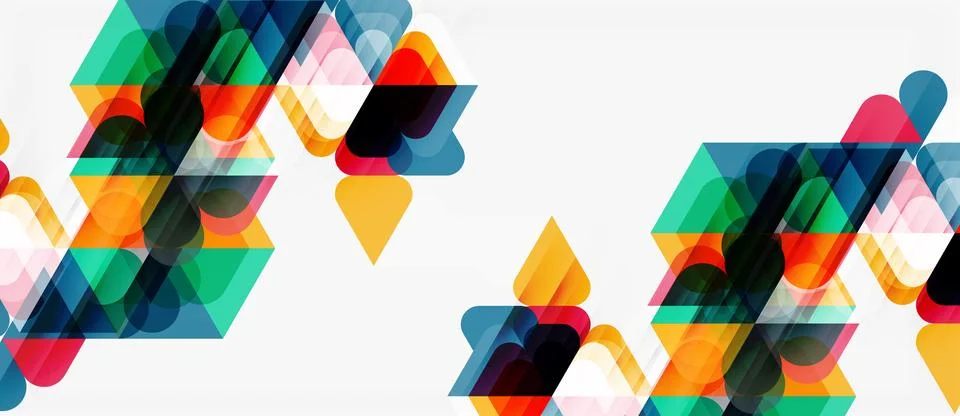 Abstract geometric shapes overlap, creating colorful translucent patterns. Stock Illustration
