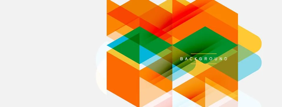 Abstract geometric shapes overlap, creating vibrant orange, green, blue Stock Illustration