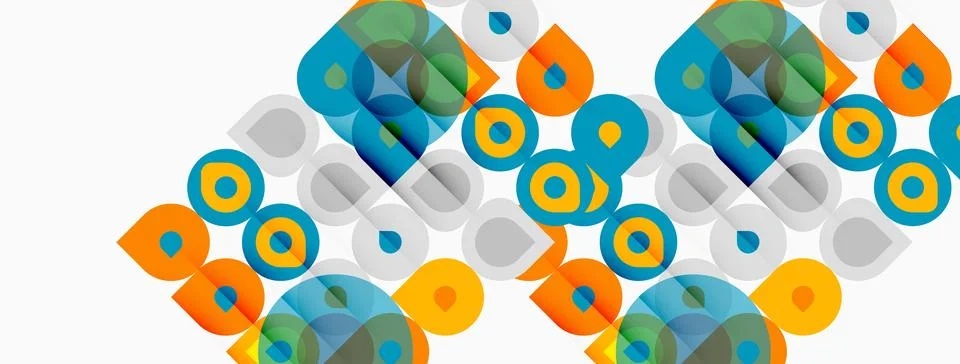 Abstract geometric shapes overlap, creating vibrant colorful pattern. Circles Illustrazione stock