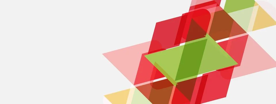 Abstract geometric shapes overlap, creating vibrant red, green, yellow tones. Illustrazione stock