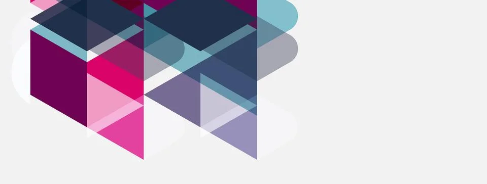 Abstract geometric shapes overlap, creating dynamic composition. Pink, blue, Illustrazione stock