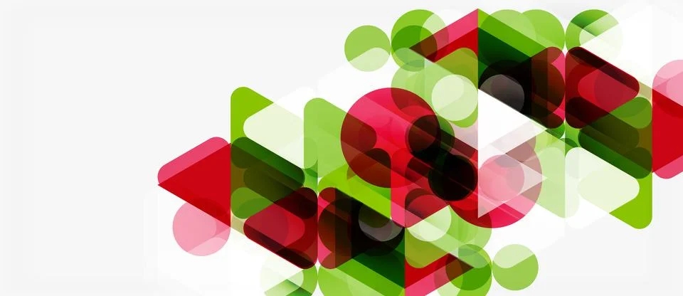 Abstract geometric shapes overlap, creating vibrant color gradients. Red, gre Illustrazione stock