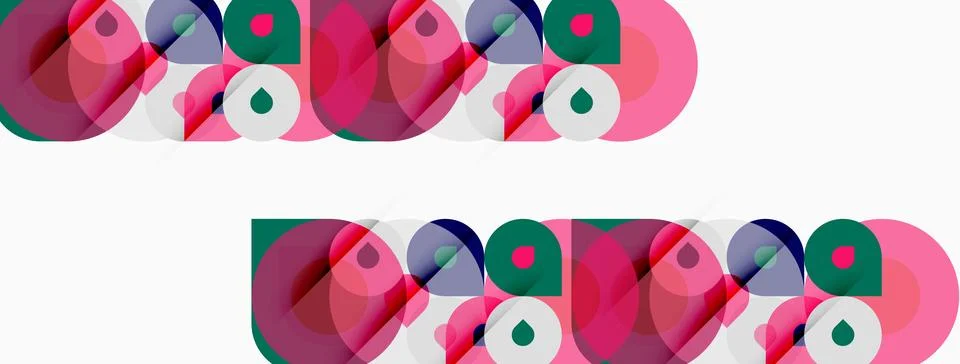 Abstract geometric shapes overlap, creating colorful patterns. Circles, squ.. Stock Illustration