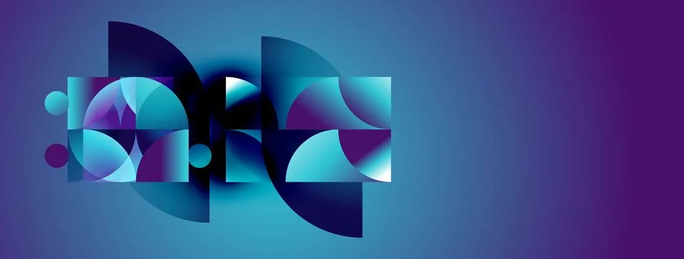 Abstract geometric shapes overlap, creating dynamic composition. Blues, purpl Stock Illustration