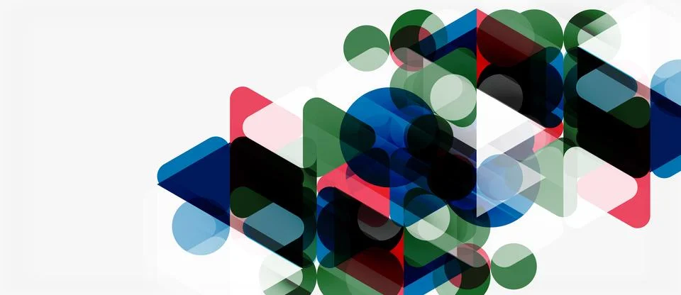 Abstract geometric shapes overlap, creating vibrant translucent patterns. C.. Stock Illustration
