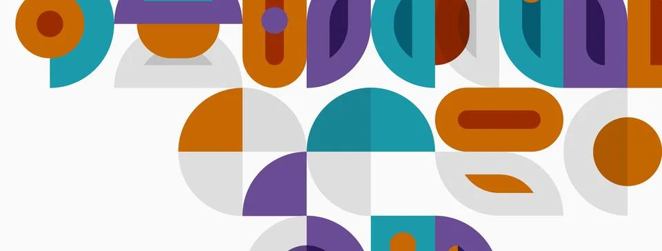 Abstract geometric shapes overlap, creating colorful pattern. Circles, square Stock Illustration