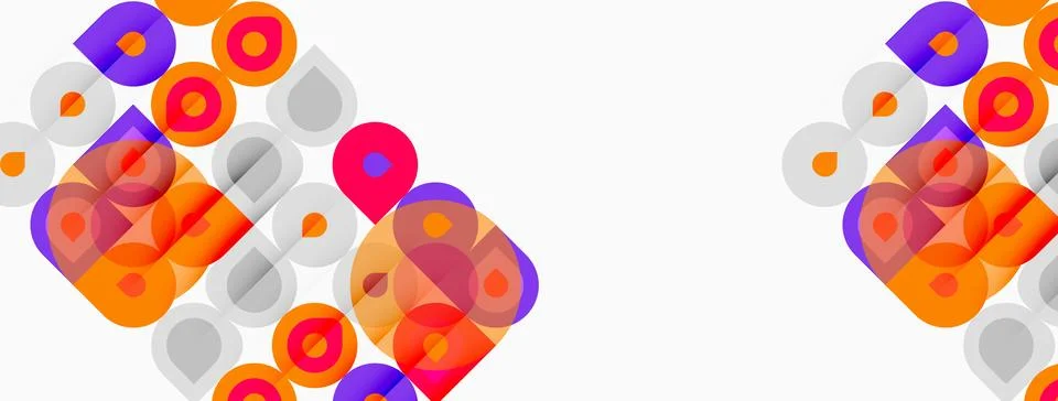 Abstract geometric shapes overlap, creating vibrant patterns. Circles, square 스톡 일러스트