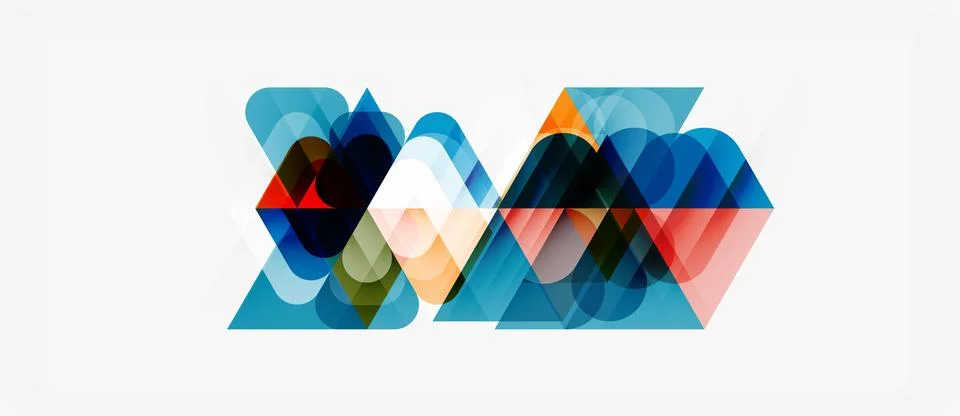 Abstract geometric shapes overlap, creating colorful design. Triangles, curve Stock Illustration