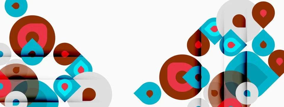 Abstract geometric shapes overlap, creating colorful pattern. Circles, square Stock Illustration