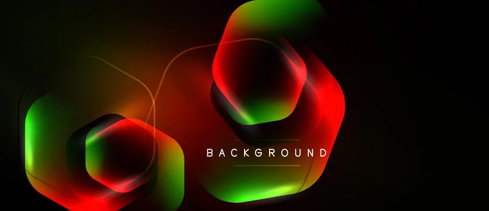 Abstract geometric shapes overlap, creating vibrant neon glow effect. Dark Stock Illustration