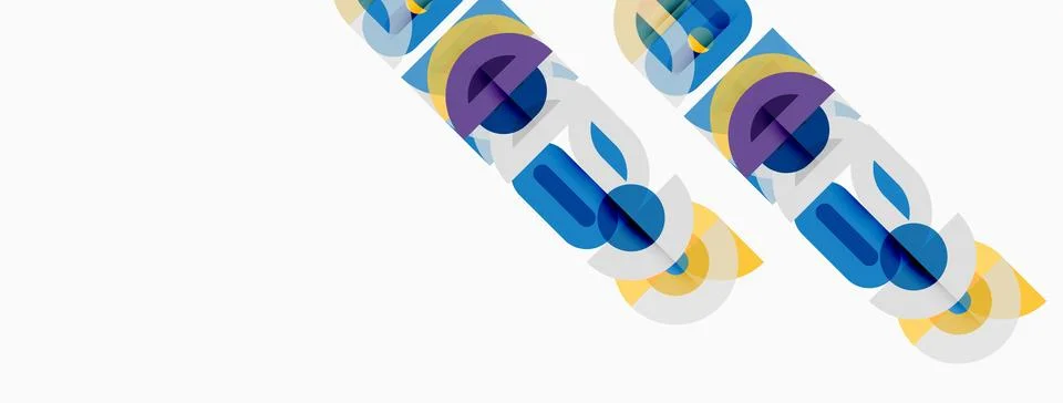 Abstract geometric shapes overlap, creating layered visual effect. Blue, ye.. Illustrazione stock