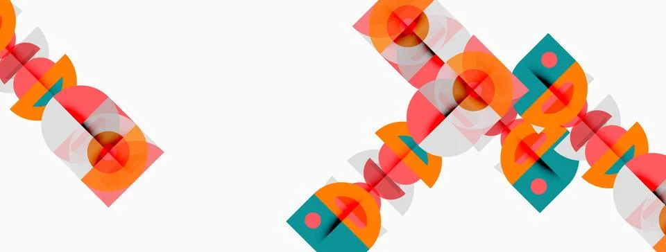 Abstract geometric shapes overlap, creating colorful patterns. Circles, squ.. Stock Illustration