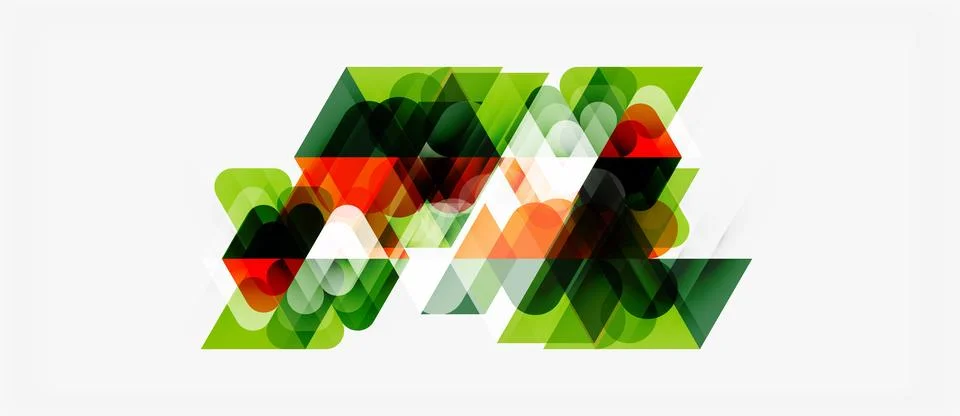 Abstract geometric shapes overlap creating colorful design. Greens, oranges, Stock Illustration
