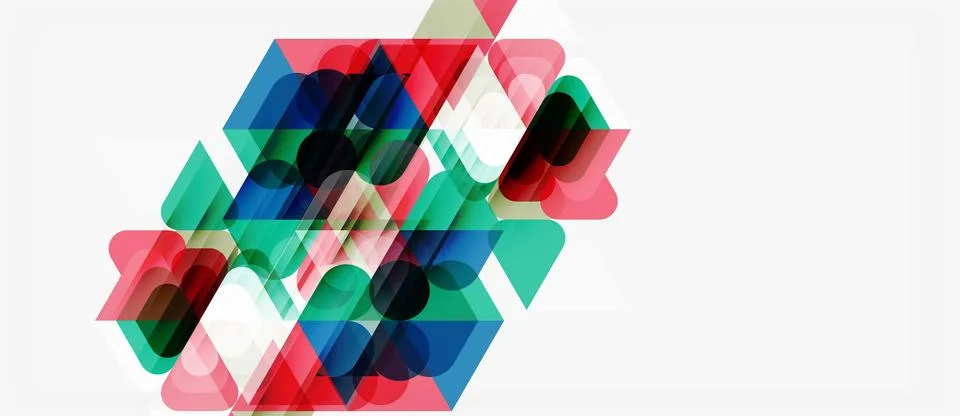Abstract geometric shapes overlap, creating colorful patterns. Red, green, bl Stock Illustration