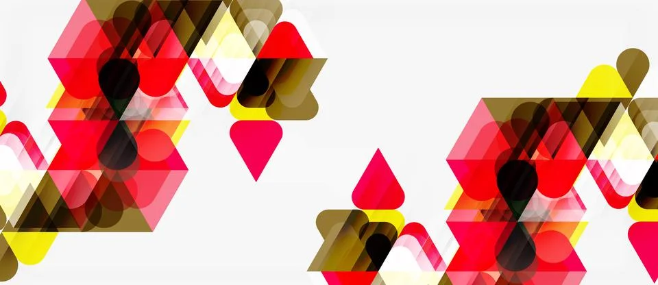 Abstract geometric shapes overlap, creating vibrant red, yellow, brown patter Stock Illustration