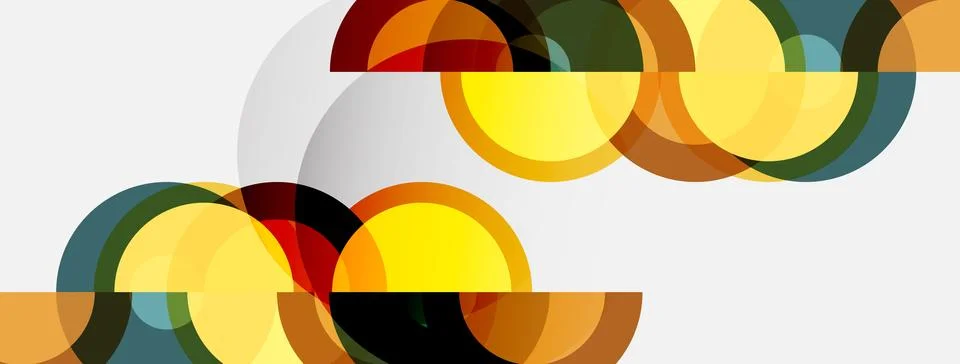 Abstract geometric shapes overlap, creating vibrant color patterns. Circles, Stock Illustration