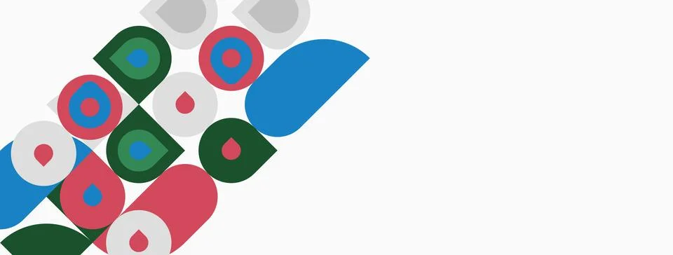 Abstract geometric shapes overlap, creating colorful pattern. Circles, square Stock Illustration