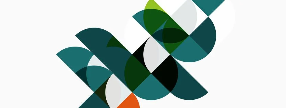 Abstract geometric shapes overlap, creating dynamic composition. Teal, green, Illustrazione stock