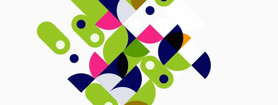 Abstract geometric shapes overlap, creating vibrant composition. Colors inclu Illustrazione stock