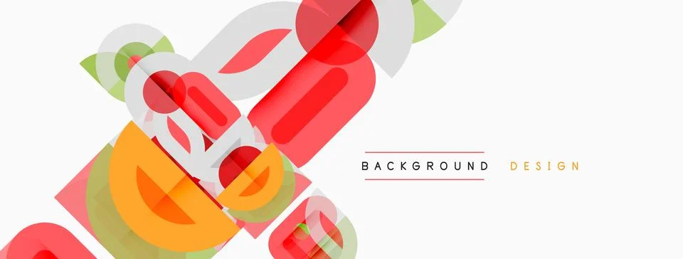 Abstract geometric shapes overlap, creating dynamic composition. Red, yellow, Illustrazione stock