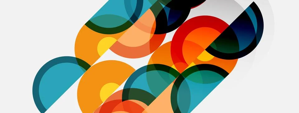 Abstract geometric shapes overlap, creating vibrant color patterns. Circles, Stock Illustration