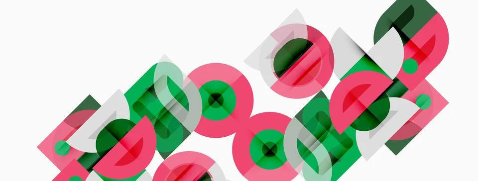 Abstract geometric shapes overlap, creating vibrant patterns. Pink, green, gr Illustrazione stock