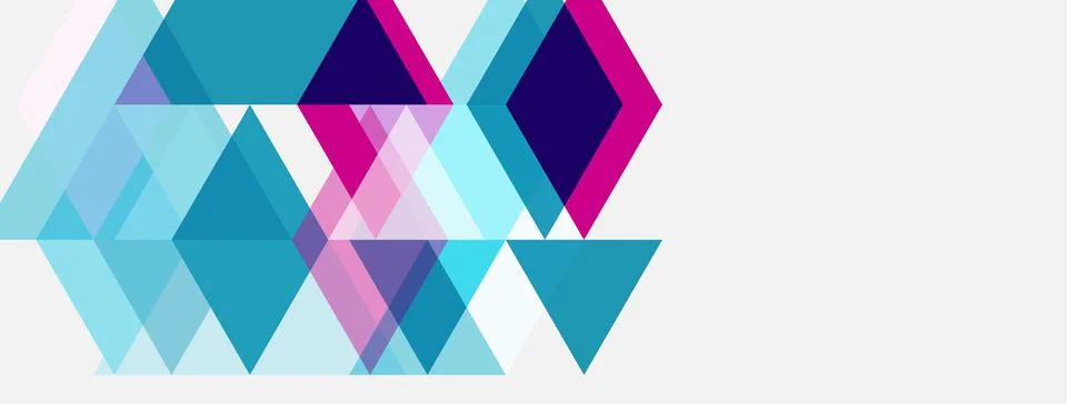 Abstract geometric shapes overlap, creating vibrant color patterns. Blues, Stock Illustration