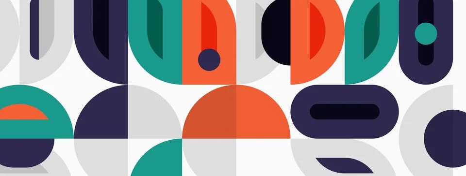 Abstract geometric shapes overlap, creating colorful pattern. Circles, arcs, Stock Illustration
