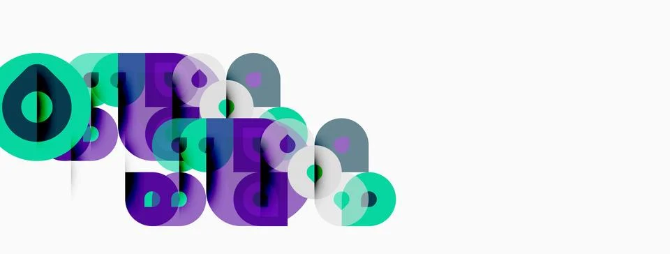 Abstract geometric shapes overlap, creating colorful text. Design features Stock Illustration