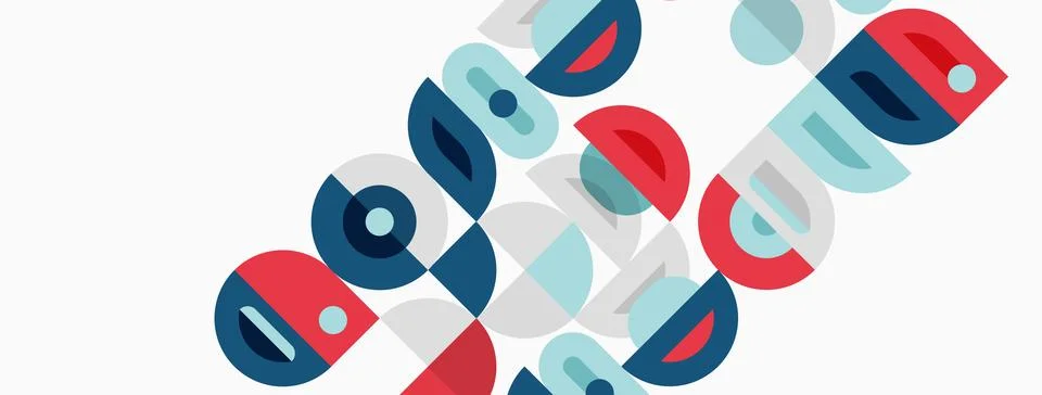 Abstract geometric shapes overlap, creating colorful visual pattern. Blue, re Stock Illustration