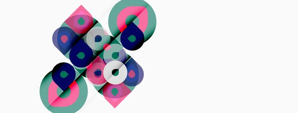 Abstract geometric shapes overlap, creating colorful patterns. Squares, circl 스톡 일러스트