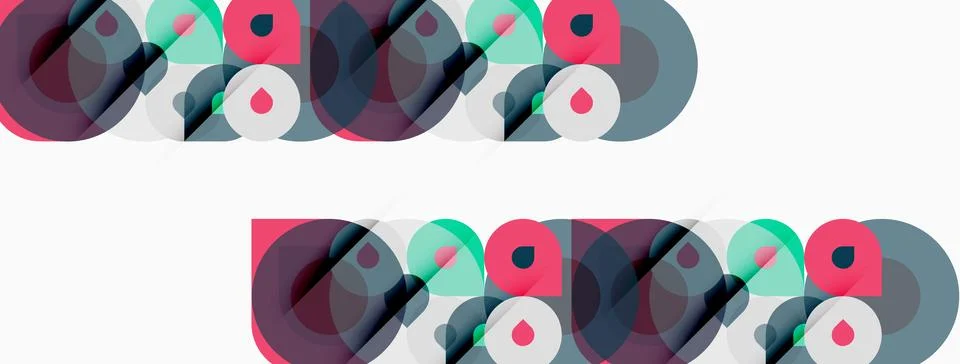 Abstract geometric shapes overlap, creating colorful patterns. Circles, squ.. Stock Illustration