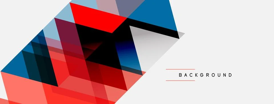 Abstract geometric shapes overlap, creating dynamic visual effect. Red, blue, Illustrazione stock
