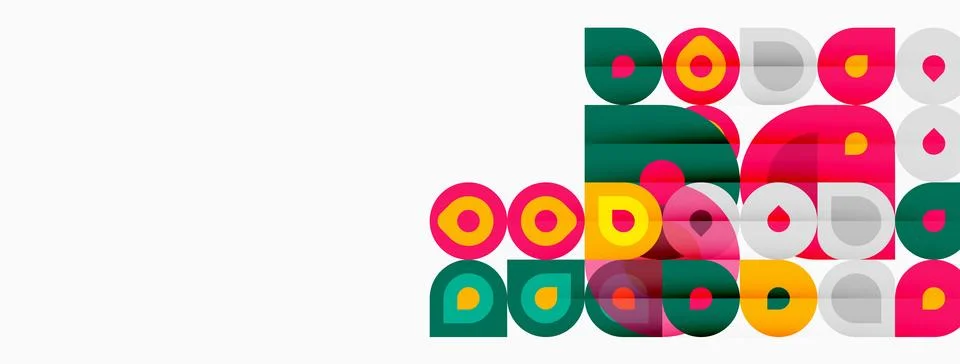 Abstract geometric shapes overlap, creating colorful patterns. Circles, squ.. Stock Illustration