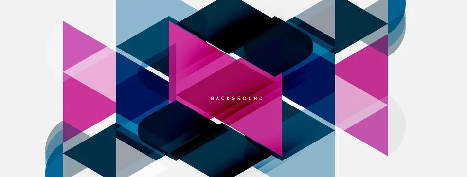 Abstract geometric shapes overlap, creating dynamic pink, blue gradients. M.. Illustrazione stock