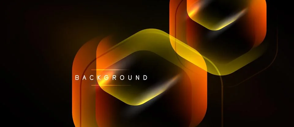 Abstract geometric shapes overlap, creating dynamic orange, yellow glow. Dark Stock Illustration