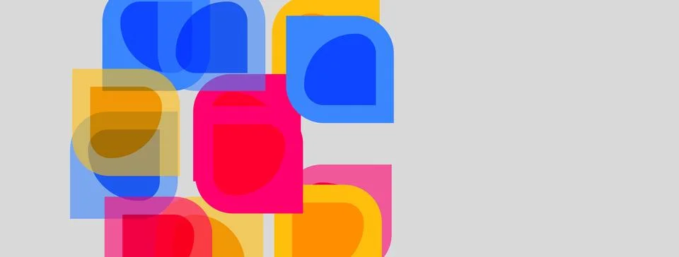 Abstract geometric shapes overlap, creating vibrant color blends. Blue, red, Illustrazione stock