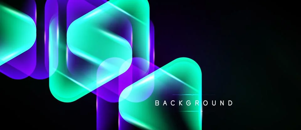 Abstract geometric shapes overlap, creating vibrant glowing effect. Dark Illustrazione stock