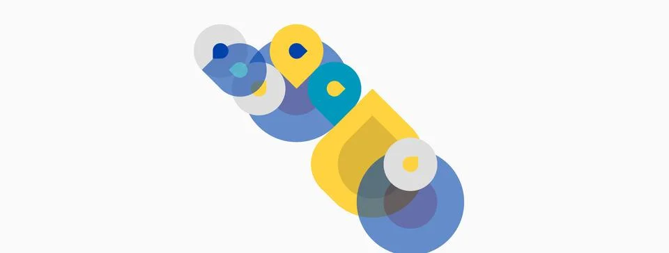 Abstract geometric shapes overlap, creating colorful design. Circles, squares Stock Illustration