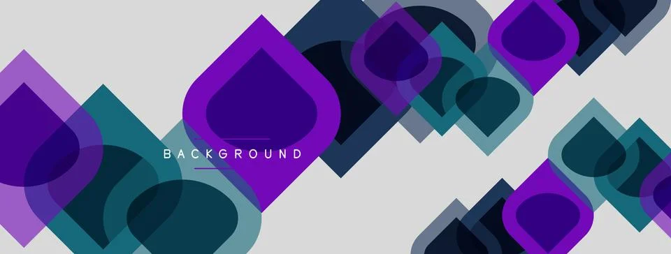 Abstract geometric shapes overlap, creating dynamic purple, teal background. Illustrazione stock