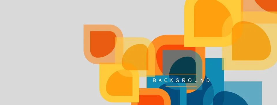 Abstract geometric shapes overlap, creating vibrant background. Orange, blue, Illustrazione stock