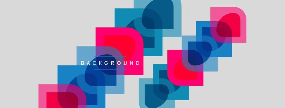 Abstract geometric shapes overlap, creating vibrant pinks, blues, light gray Stock Illustration