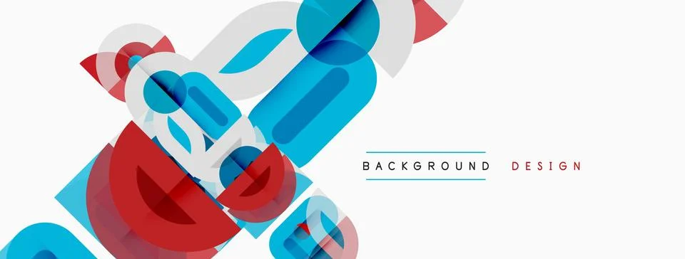 Abstract geometric shapes overlap, creating dynamic visual effect. Red, blue, Illustrazione stock
