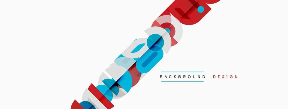 Abstract geometric shapes overlap, creating dynamic visual effect. Red, blue, Illustrazione stock
